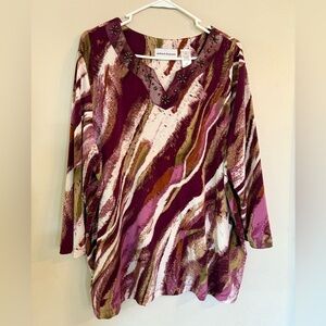 Alfred Dunner blouse top womens XL patterned beads purple stretch flowy soft